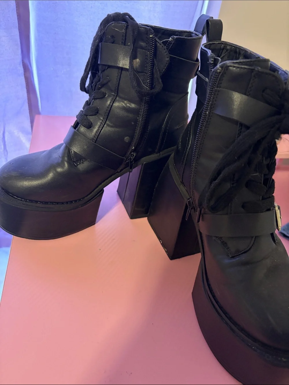 Chunky Platform Lace-Up Ankle Boots in Black